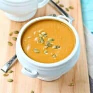 This Copycat Panera Bread Squash Soup tastes just like the original, but I made it a bit healthier! Get the easy fall soup recipe on RachelCooks.com!