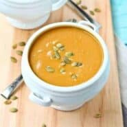 This Copycat Panera Bread Squash Soup tastes just like the original, but I made it a bit healthier! Get the easy fall soup recipe on RachelCooks.com!