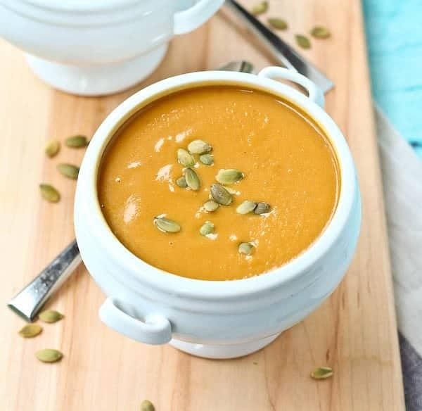 This Copycat Panera Bread Squash Soup tastes just like the original, but I made it a bit healthier! Get the easy fall soup recipe on RachelCooks.com!