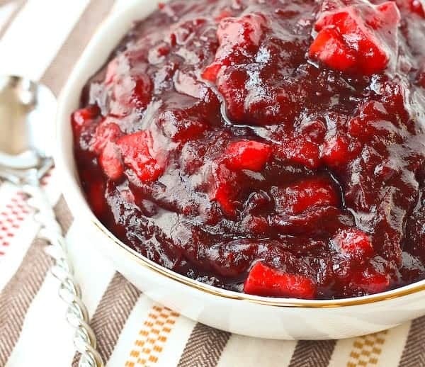 Close up overhead of bowl of cranberry relish.