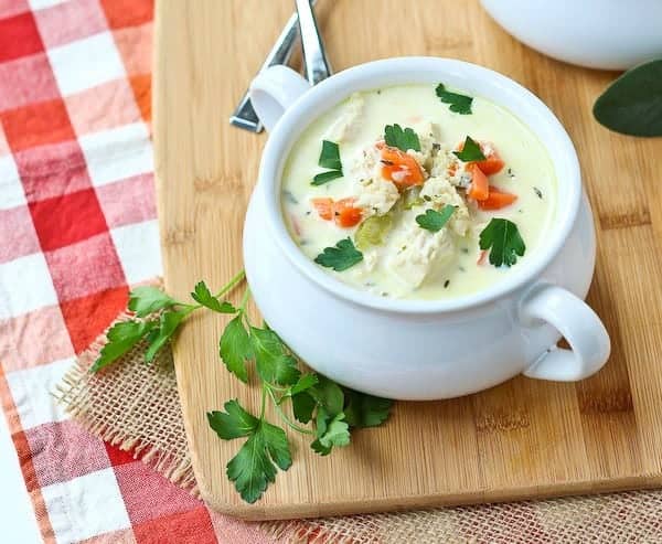 Overhead of soup in bowl with parsley.