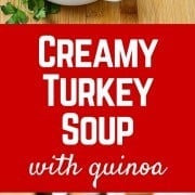 This Creamy Turkey Soup with Quinoa is easy to make and is a healthy and hearty way to repurpose leftover turkey. It tastes great when you make it with chicken too! Get the recipe on RachelCooks.com!