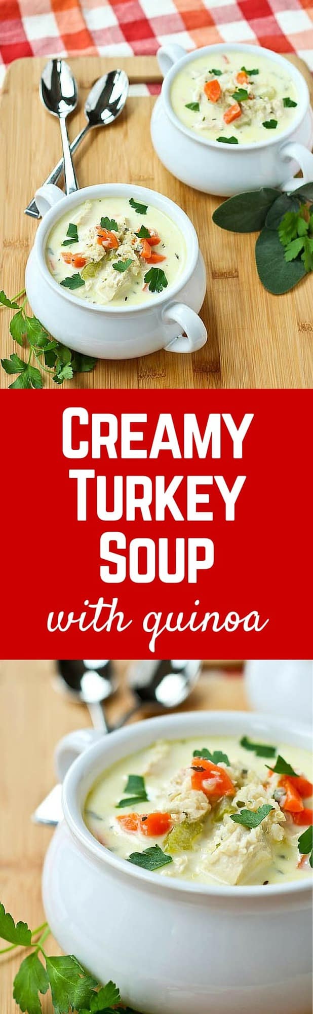 This Creamy Turkey Soup with Quinoa is easy to make and is a healthy and hearty way to repurpose leftover turkey. It tastes great when you make it with chicken too! Get the recipe on RachelCooks.com!