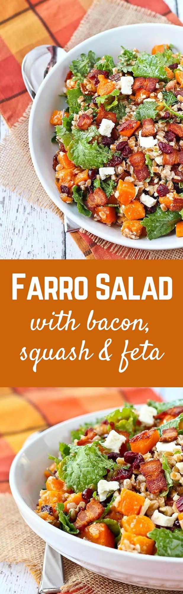 Farro Salad with Butternut Squash, Bacon, Cranberries, Kale and Feta. This hearty salad is fall in a bowl! Get the easy recipe on RachelCooks.com!