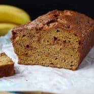 This whole wheat banana bread uses very little oil and 100% whole wheat flour.  The caramel bits add the perfect sweetness.  Get the Easy Quick Bread Recipe at RachelCooks.com!