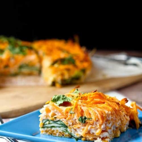 Egg White Breakfast Bake with Spiralized Sweet Potato and Spinach is simple to make, colorful, and the perfect make-ahead breakfast! Get the healthy breakfast recipe on RachelCooks.com!