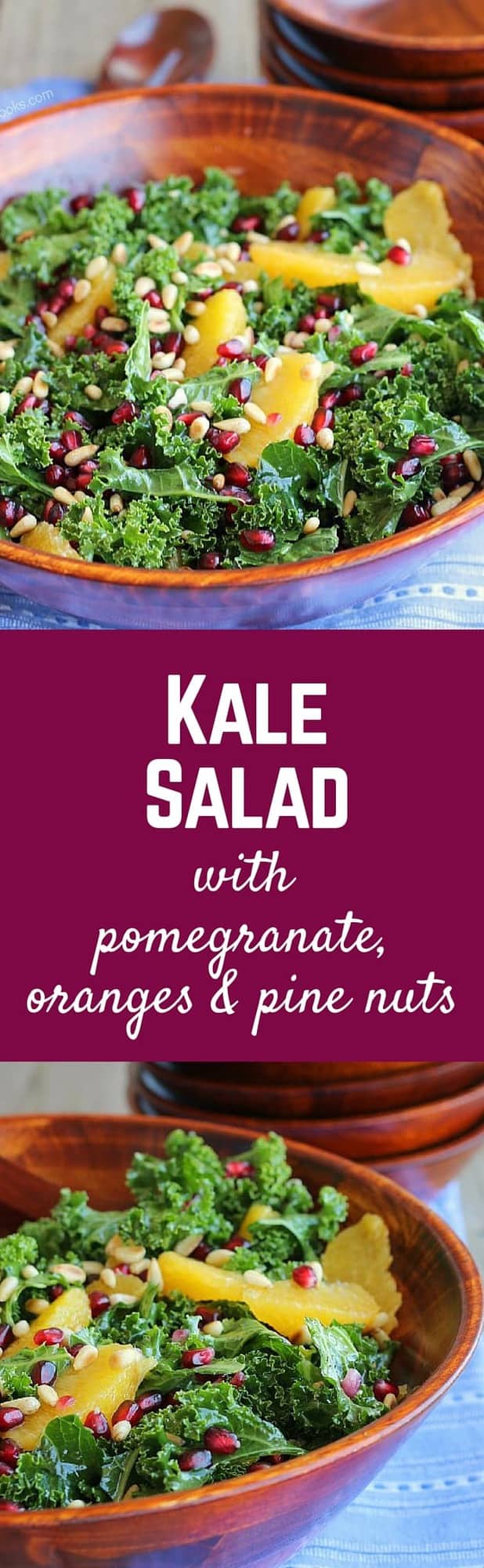 This Kale Salad with pomegranate is full of bright flavors and not only tastes great but is also so good for you. It is easy to make and keeps well in the fridge. Get the easy and healthy recipe on RachelCooks.com.
