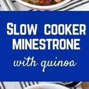 This slow cooker minestrone soup with quinoa is filled with fresh veggies and quinoa and bonus - practically makes itself in the slow cooker! Get the crock pot recipe on RachelCooks.com!