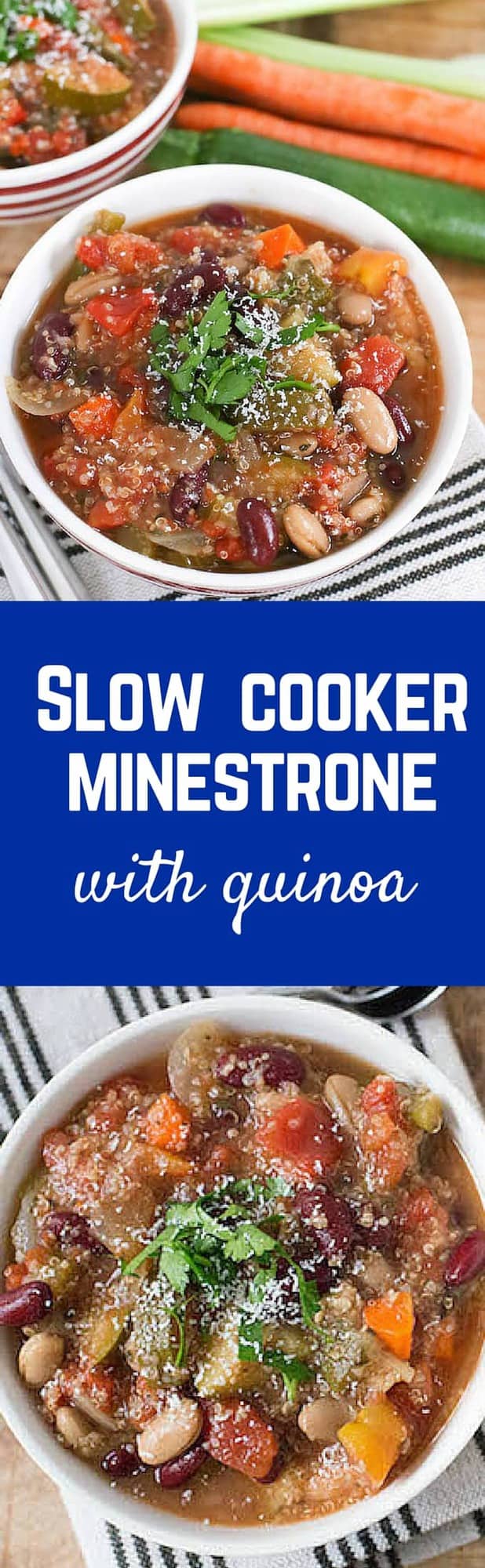 This slow cooker minestrone soup with quinoa is filled with fresh veggies and quinoa and bonus - practically makes itself in the slow cooker! Get the crock pot recipe on RachelCooks.com!