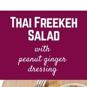 This Thai freekeh salad with peanut ginger dressing packs a punch of flavor and nutrition. It keeps great in the fridge - perfect for weekend food prep! Get the easy and healthy recipe on RachelCooks.com!