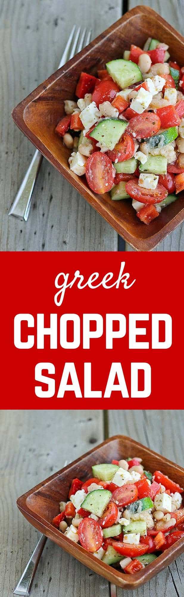 This Greek chopped salad recipe is ridiculously easy to make, keeps well in the fridge and is a total crowd pleaser! Great for quick lunches and potlucks. Get the recipe on RachelCooks.com!