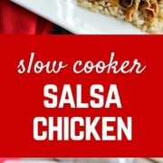This slow cooker salsa chicken is easy to make and very versatile. Use it in burritos or enchiladas or over rice. Get the easy recipe on RachelCooks.com