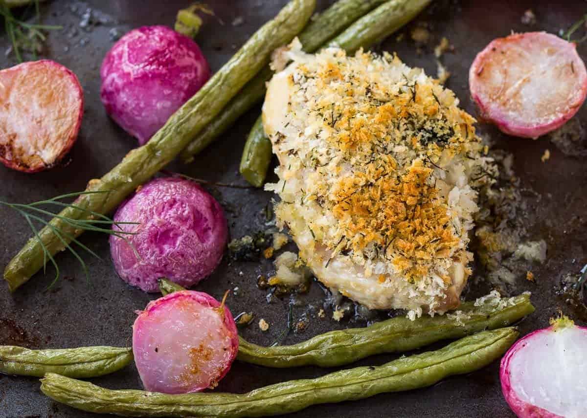 Crispy chicken thigh with radishes and green beans.