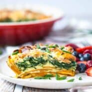 Quiche with a sweet potato crust, on plate.