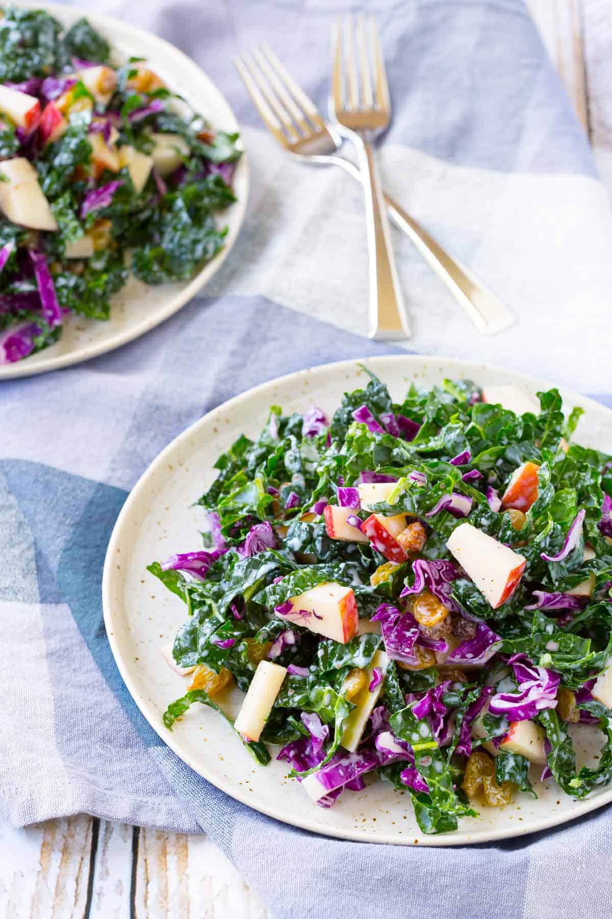 Image of two round white plates of kale salad with two silver forks.