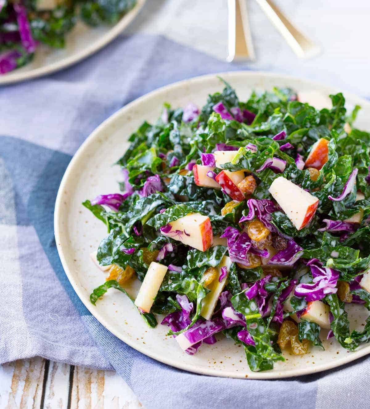 Front view of kale salad on round white plate.