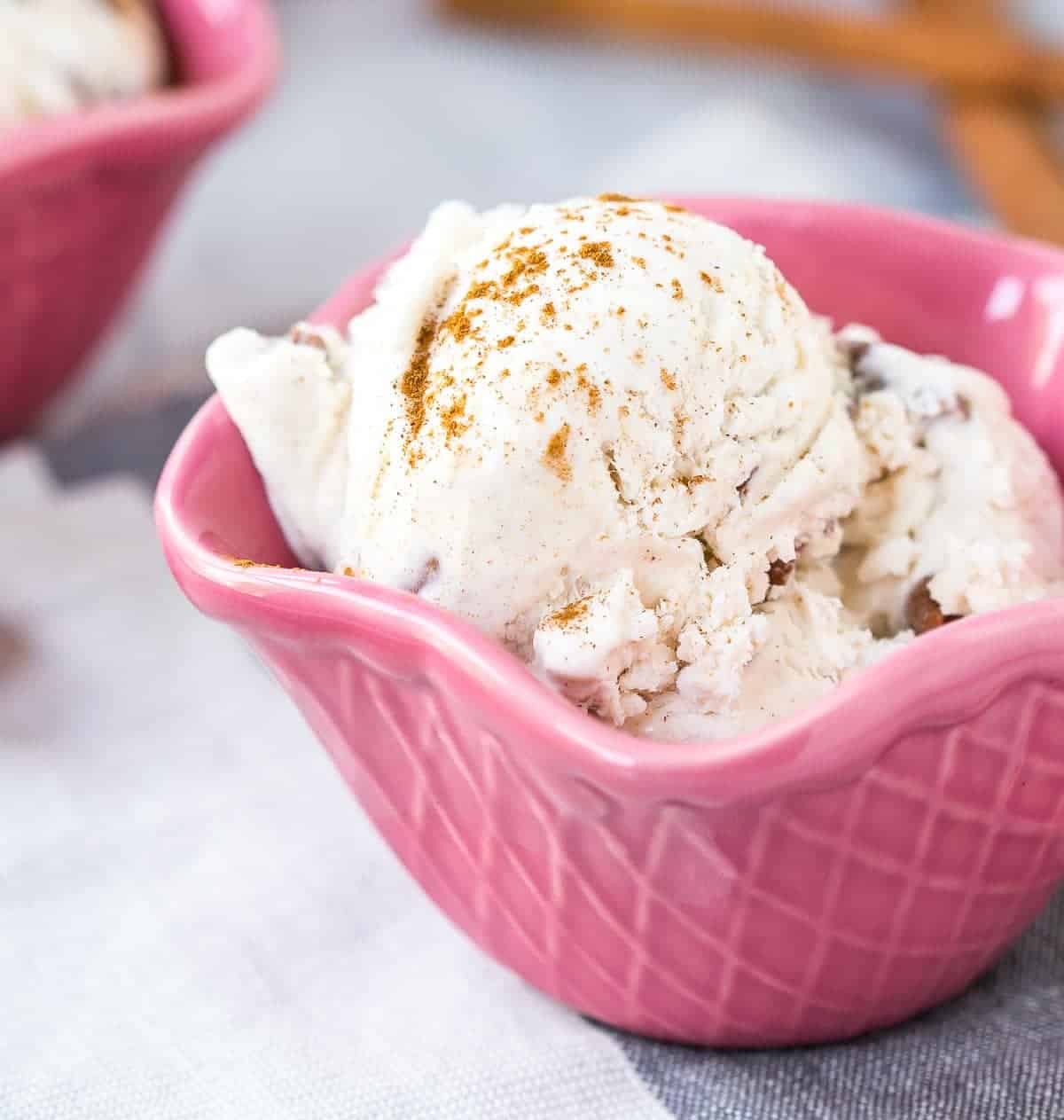Closeup of ice cream in bowl, garnished with a sprinkle of cinnamon.