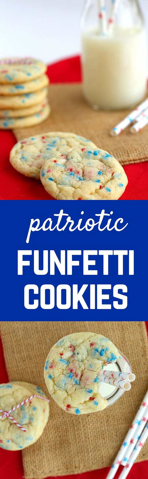 Patriotic Funfetti Cookies that are a cinch to throw together. Kids and adults will both love these soft and chewy cookies. Cookie perfection. Get the funfetti recipe on RachelCooks.com!