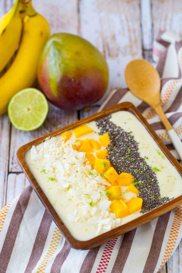 Filled with the flavors of the tropics, this tropical smoothie bowl will be your new favorite way to start the day. The flavors of the bananas, coconut and pineapple will transport you to somewhere warm and sunny. Get the recipe on RachelCooks.com!