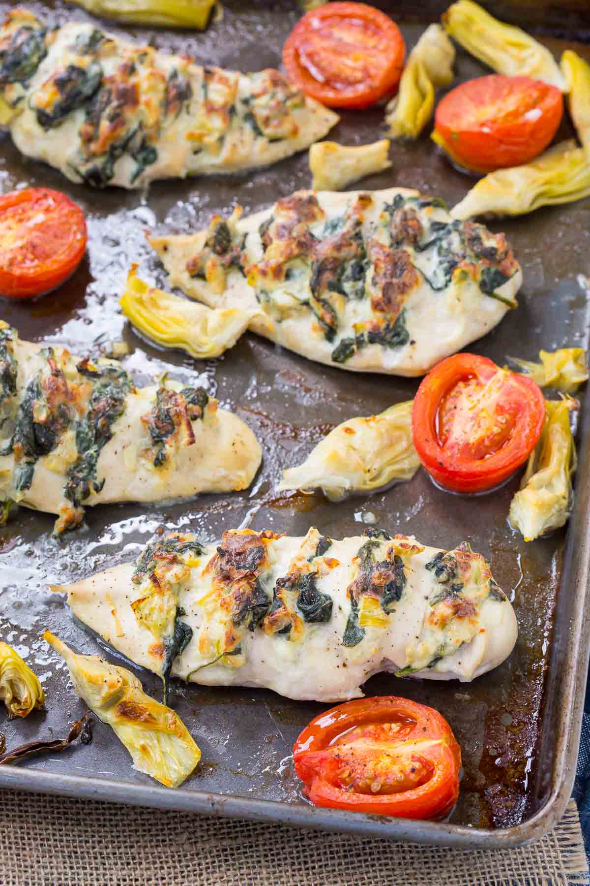 Overhead of chicken and vegetables in pan.