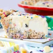 This whimsical ice cream pie recipe is perfect for any summer party - kids will love the sprinkles and adults will love the vanilla beans and white chocolate ganache. Get the recipe on RachelCooks.com!