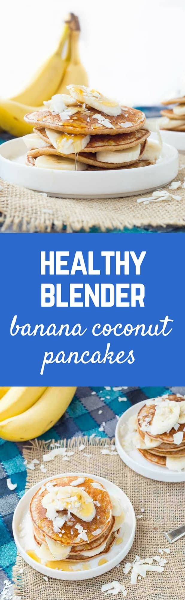 Pull our your blender and make these easy (AND HEALTHY!) banana coconut blender pancakes. They're a taste of the tropics! Get the easy breakfast recipe on RachelCooks.com!