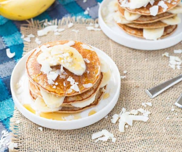 Pull our your blender and make these easy (AND HEALTHY!) banana coconut blender pancakes. They're a taste of the tropics! Get the easy breakfast recipe on RachelCooks.com!