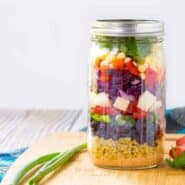 A salad so beautiful, you’ll barely want to eat it! But you’ll definitely want to because this southwestern chopped salad is full of flavor thanks to an easy to make dressing and tons of great vegetables. Get the fun mason jar salad recipe on RachelCooks.com!