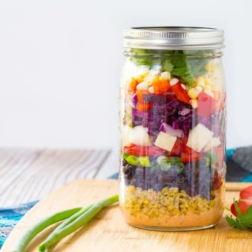 A salad so beautiful, you’ll barely want to eat it! But you’ll definitely want to because this southwestern chopped salad is full of flavor thanks to an easy to make dressing and tons of great vegetables. Get the fun mason jar salad recipe on RachelCooks.com!