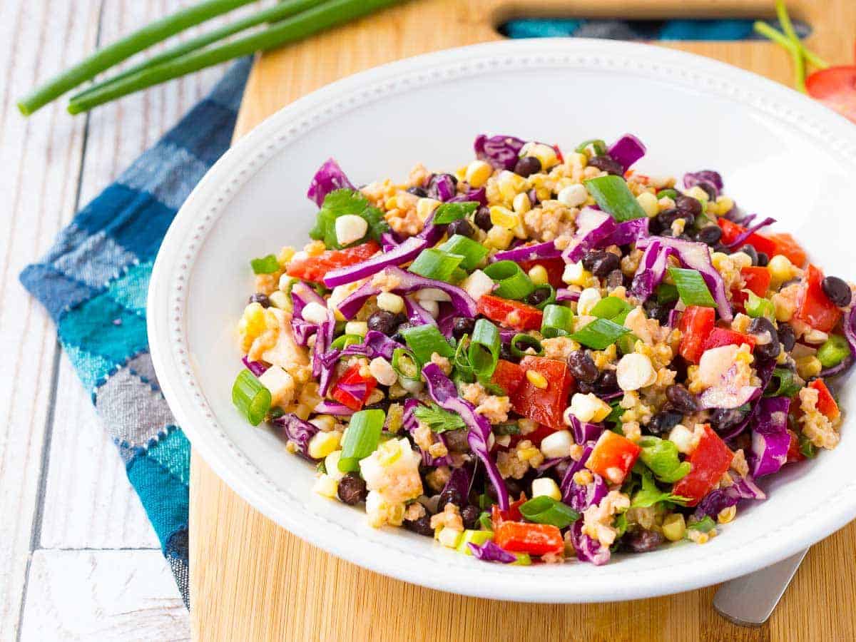 Salad poured into a bowl.