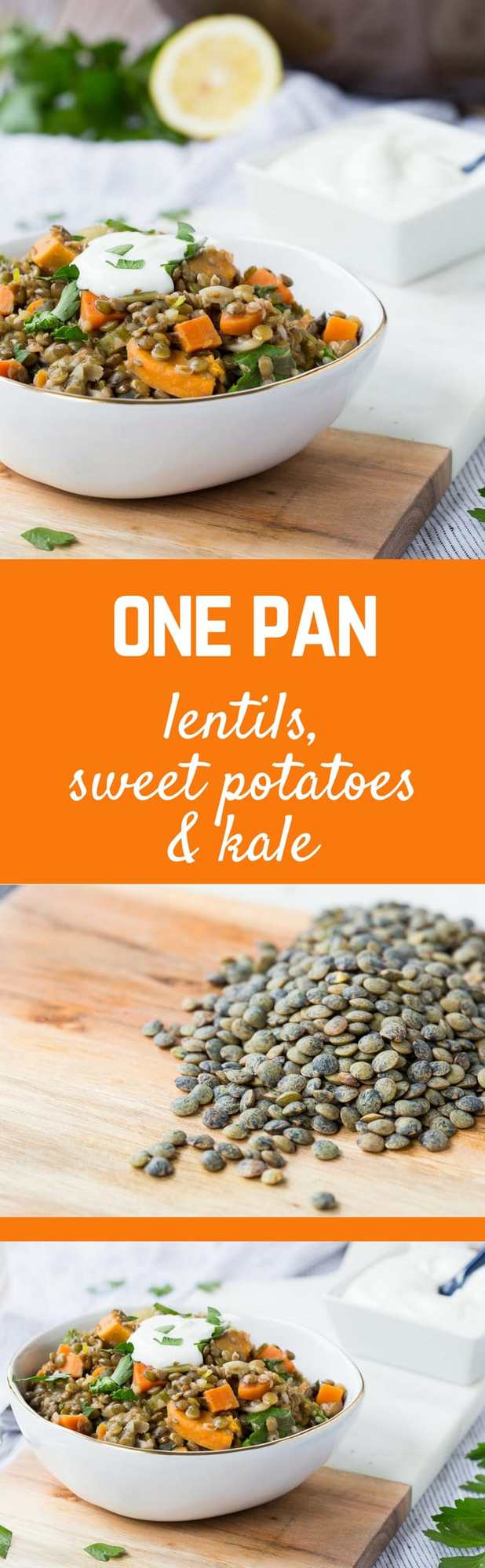 One Pot Green Lentils with Sweet Potatoes and Kale are a hearty vegetarian meal - easy to make and packed with nutrition and flavor, these are sure to become a favorite! Get the vegetarian recipe on RachelCooks.com!