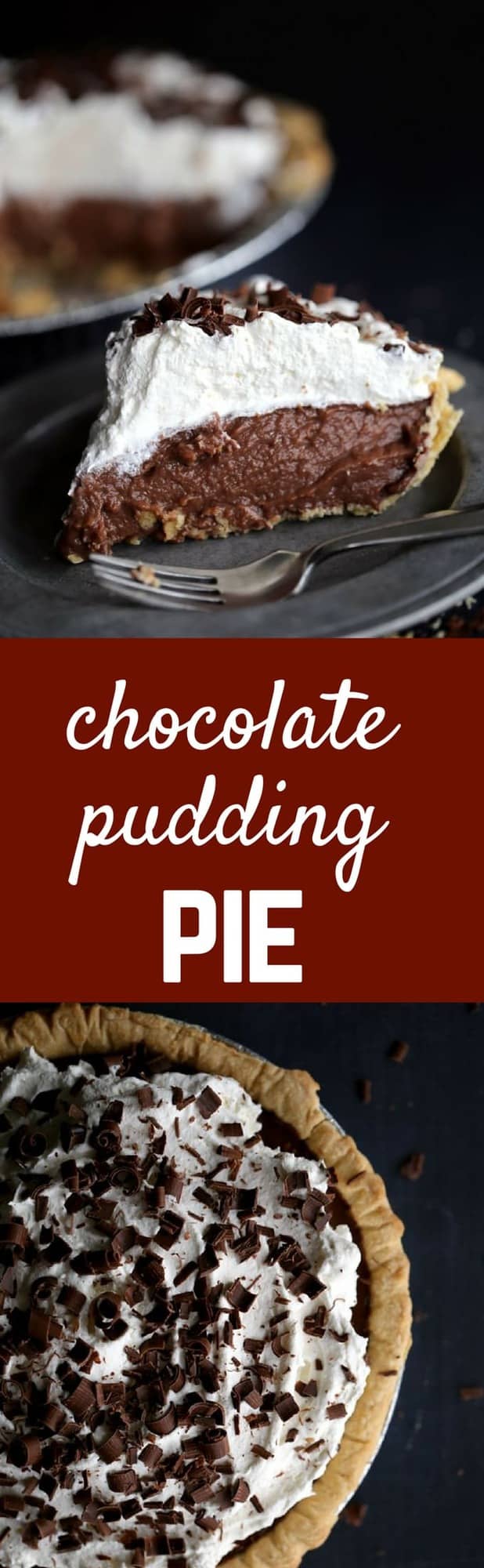 A homemade silky smooth chocolate pudding becomes the filling for the most delicious chocolate pie.  Forget pudding from a box!  Once you've made your own chocolate pudding pie, no other will compare! Recipe on RachelCooks.com