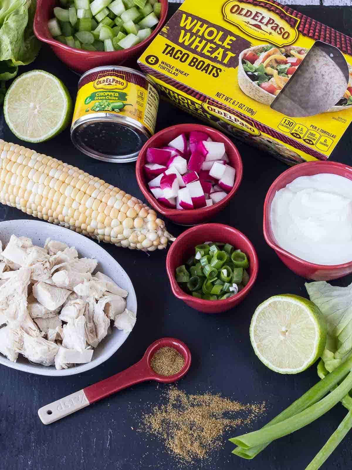 Overhead displaying green chile chicken salad ingredients.