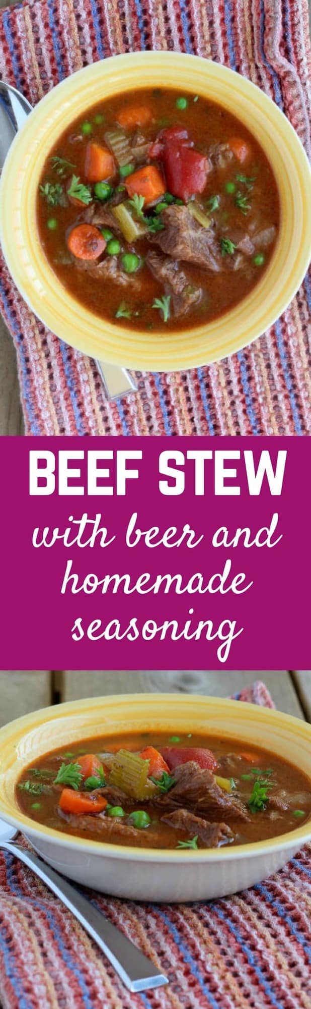 Beef Stew jazzed up with homemade seasoning and a few chugs of beer. Perfect, beefy, tons of vegetables. It's a huge crowd pleaser. Get the recipe on RachelCooks.com - it's perfect for game day!