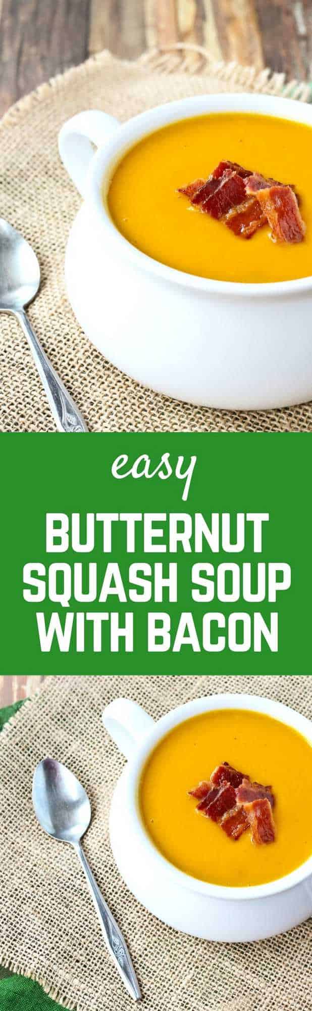 Warm and soothing, this squash soup with bacon is easy to make and perfect year-round. You won't be able to resist the crispy bacon on top! Get the easy butternut squash soup on RachelCooks.com!