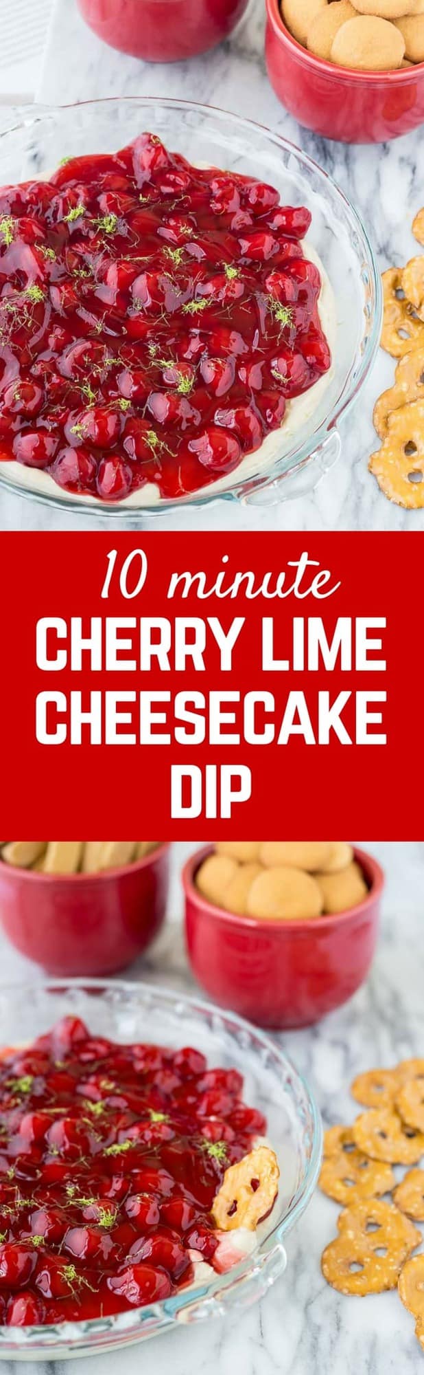 This cherry cheesecake dip with lime is going to become a party favorite. It takes only minutes to make and has fresh and bright flavors thanks to lime juice and zest. Get the easy no-bake dessert recipe on RachelCooks.com! This sweet dip is going to go into regular rotation.