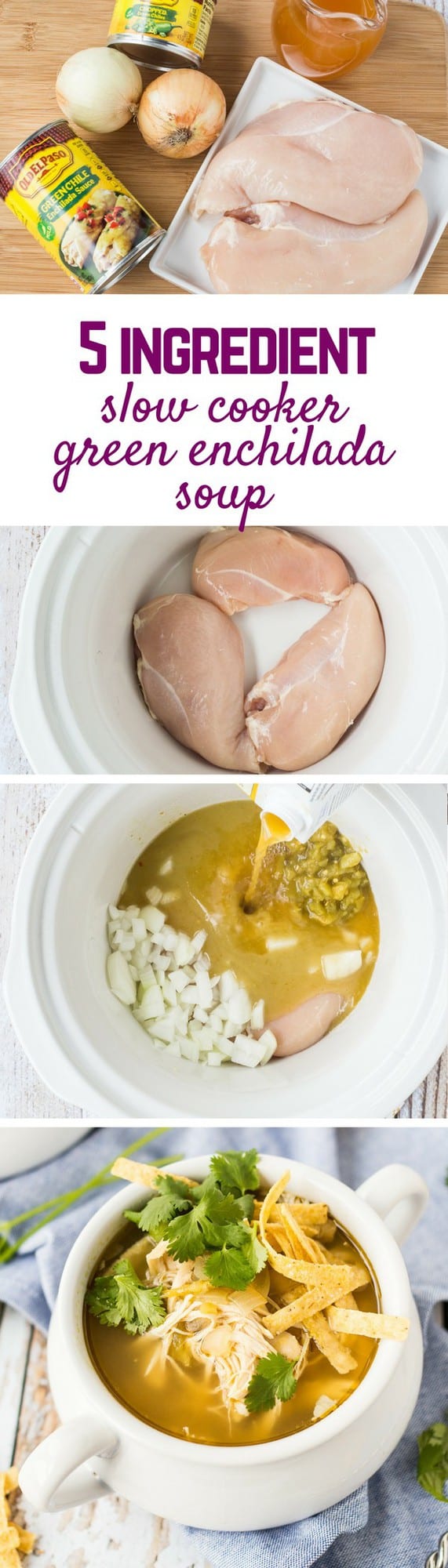 Switch up the chicken soup routine with this easy and flavorful slow cooker 5 ingredient enchilada verde soup. Made in the slow cooker! Get the easy recipe on RachelCooks.com!