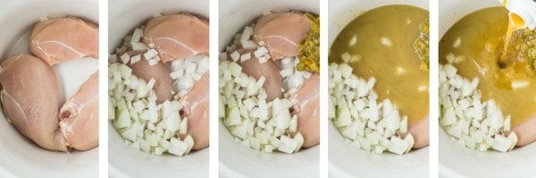 Collage of 5 photos showing green enchilada soup ingredients being added to crockpot.