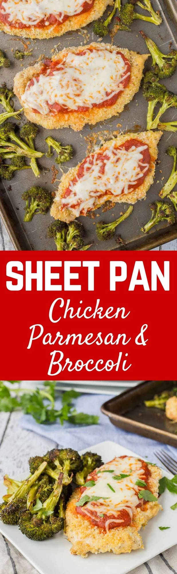 Dinner on one pan - this sheet pan baked chicken parmesan is not only healthier than the original, it's also easier! It's going to become a dinnertime fave. Get the easy dinner recipe on RachelCooks.com!