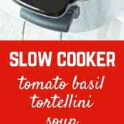 Warm, comforting, and hearty -- all words that describe this simple and easy to make slow cooker tomato basil soup with tortellini. It's going to be a huge crowd pleaser! Get the easy slow cooker recipe on RachelCooks.com!