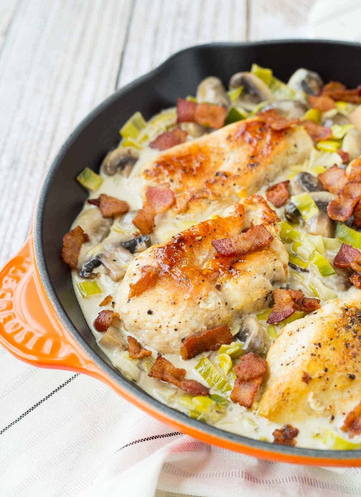 Partial closeup of chicken in skillet.