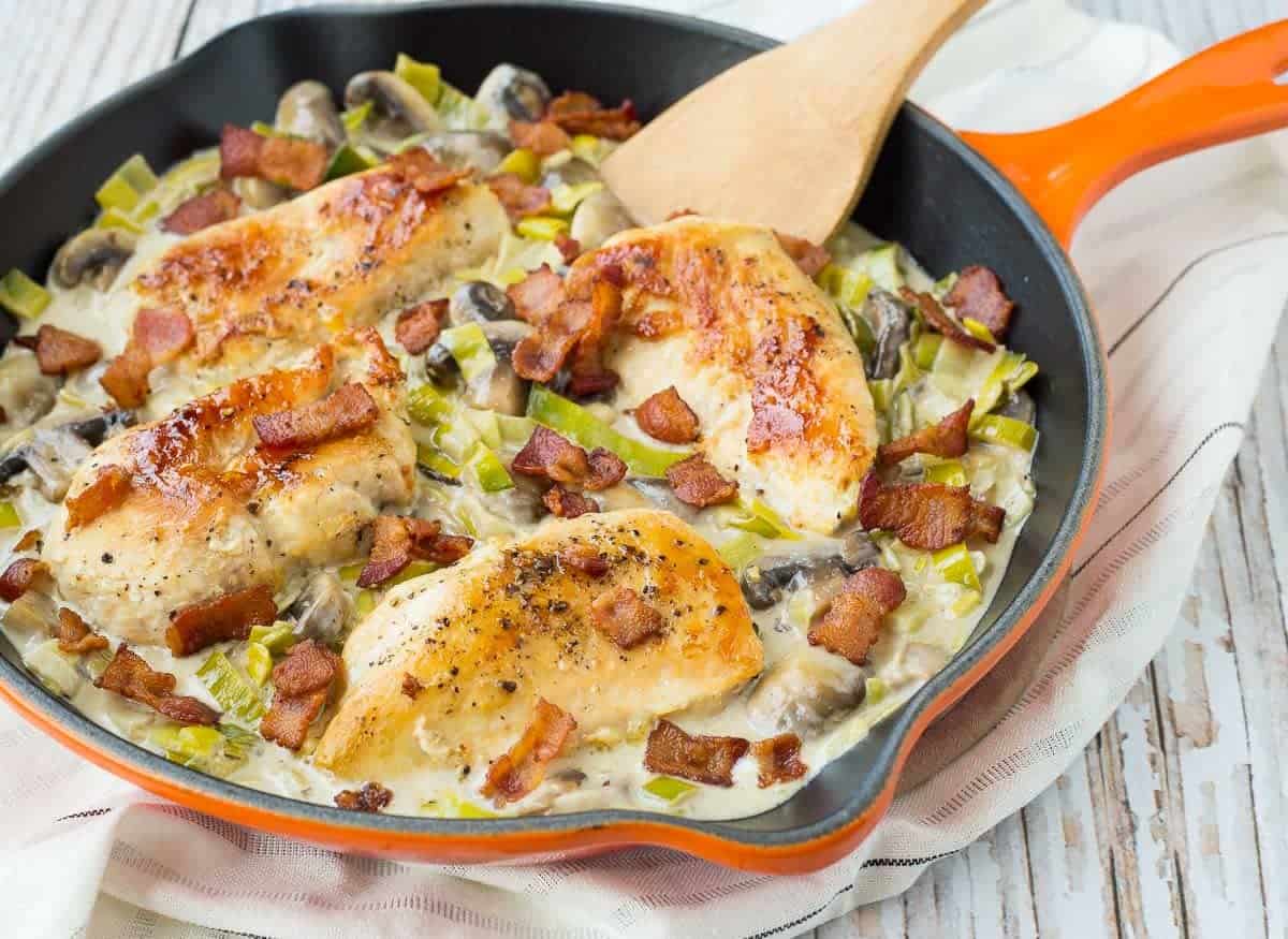 Four chicken breasts in skillet, with sauce, and garnished with chopped bacon