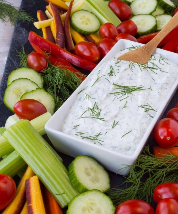 This skinny dill vegetable dip is a staple in our fridge -- we're hardly ever without it! You won't want to stop snacking on vegetables when you're dipping them in this healthy and low-cal dip. 