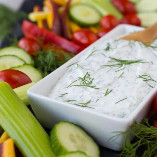 This skinny dill vegetable dip is a staple in our fridge -- we're hardly ever without it! You won't want to stop snacking on vegetables when you're dipping them in this healthy and low-cal dip.