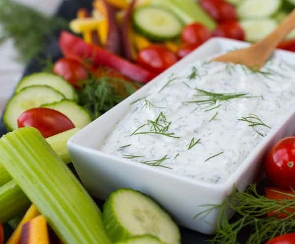 This skinny dill vegetable dip is a staple in our fridge -- we're hardly ever without it! You won't want to stop snacking on vegetables when you're dipping them in this healthy and low-cal dip. 