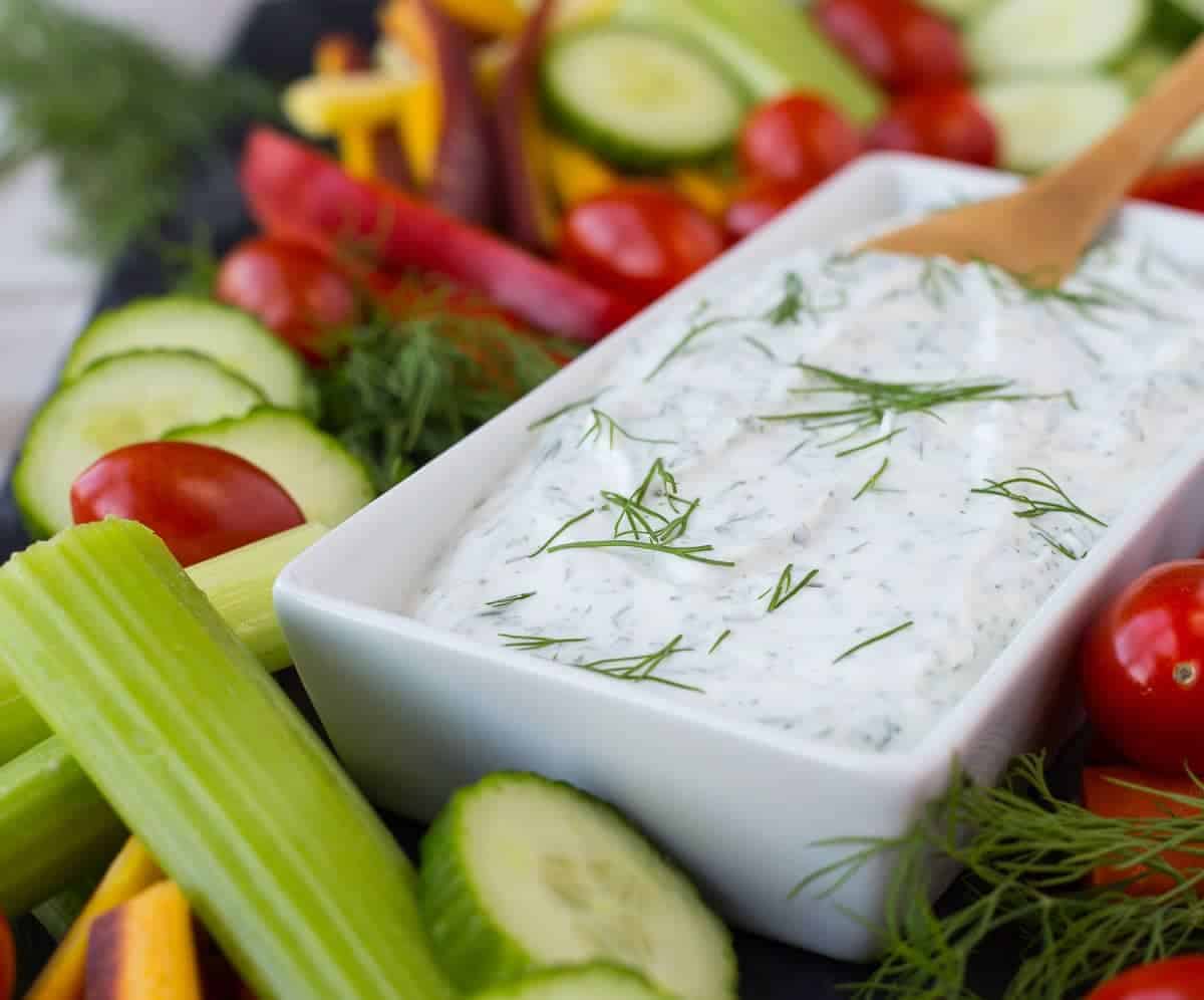 White bowl of vegetable dip, surrounded by vegetables.