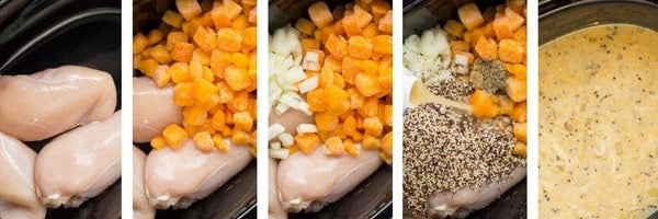 Collage of 5 photos showing the process of making this chicken soup.