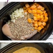 This slow cooker creamy chicken soup is healthy, hearty, and so very easy to make. You'll love its fall flavors and nutritious ingredients. Get the easy slow cooker recipe on RachelCooks.com!