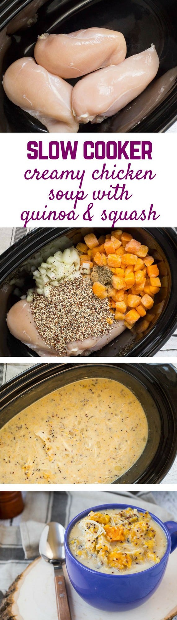 This slow cooker creamy chicken soup is healthy, hearty, and so very easy to make. You'll love its fall flavors and nutritious ingredients. Get the easy slow cooker recipe on RachelCooks.com!