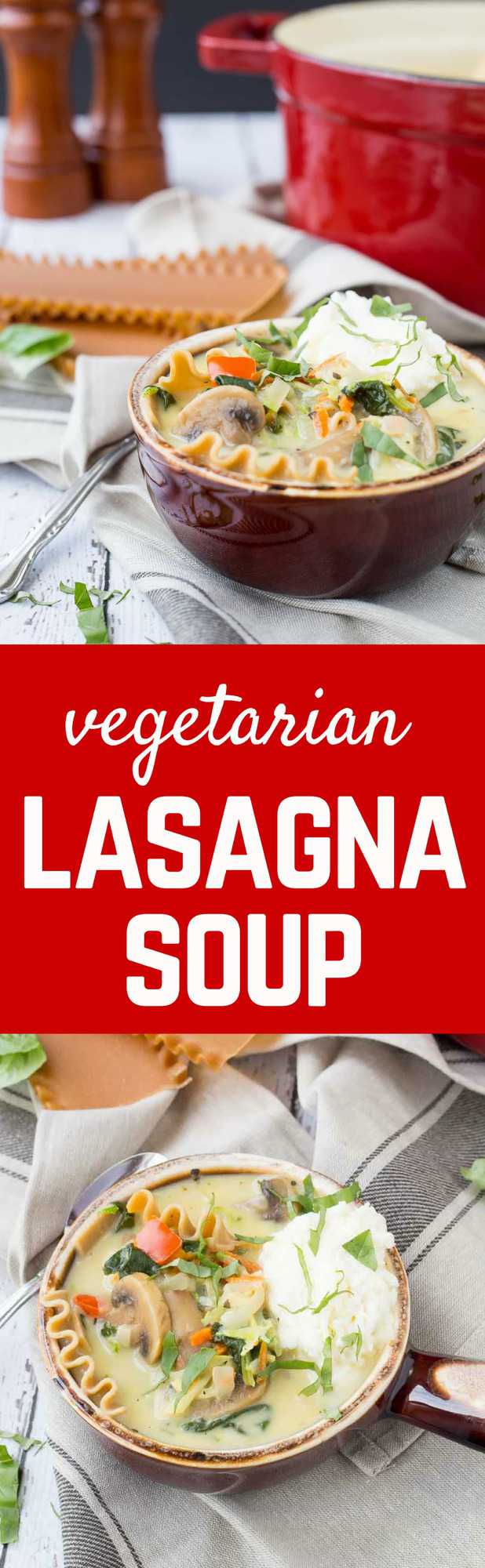 This vegetarian lasagna soup is creamy, comforting and packed full of vegetables. It's all made in one pot and is the perfect soup for a cold day. Get the soup recipe on RachelCooks.com!
